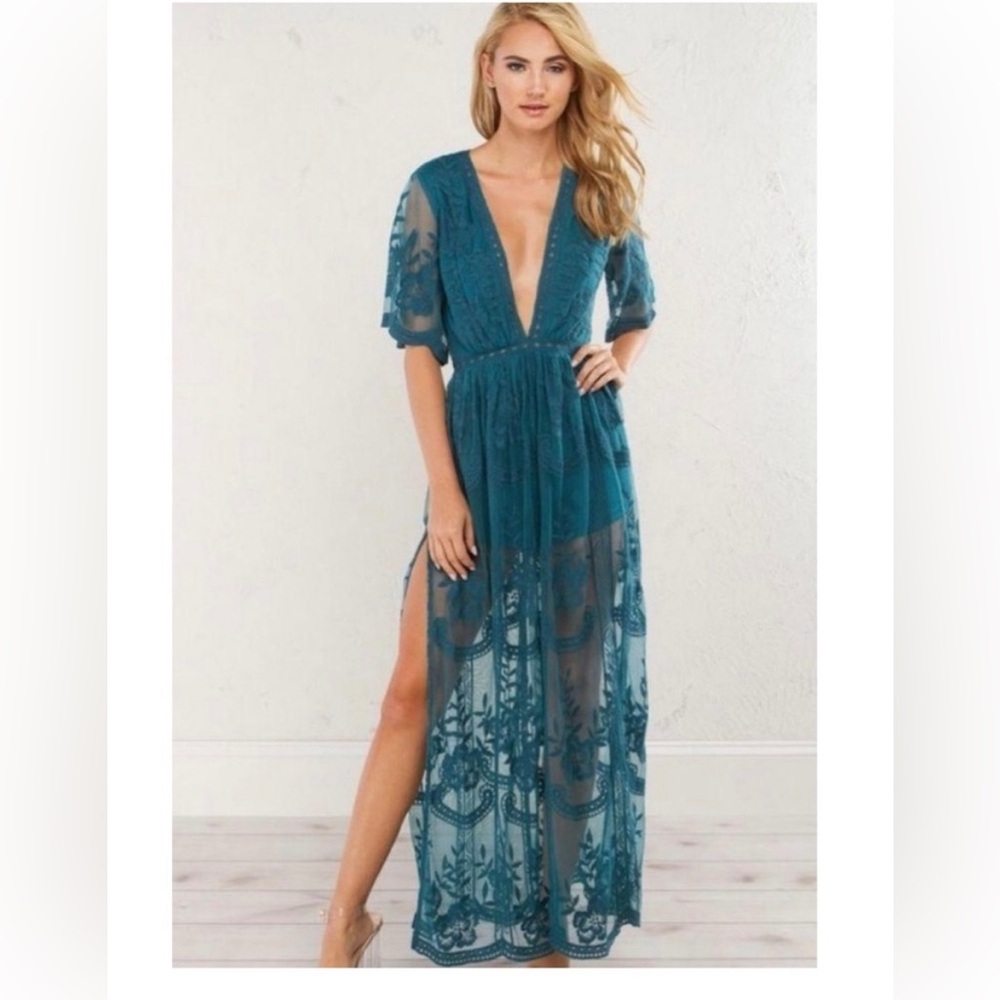 Honey Punch teal lace dress size Small